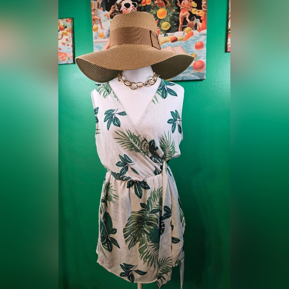 Tropical Wrap Romper- Green Leaf Print